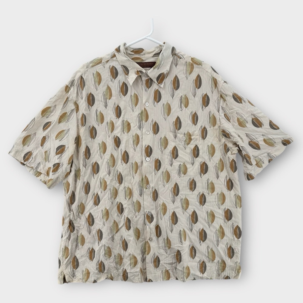 Tori Richard Shirt Mens XL Button Down Classic Fit Floral Leaf SS Silk Beige